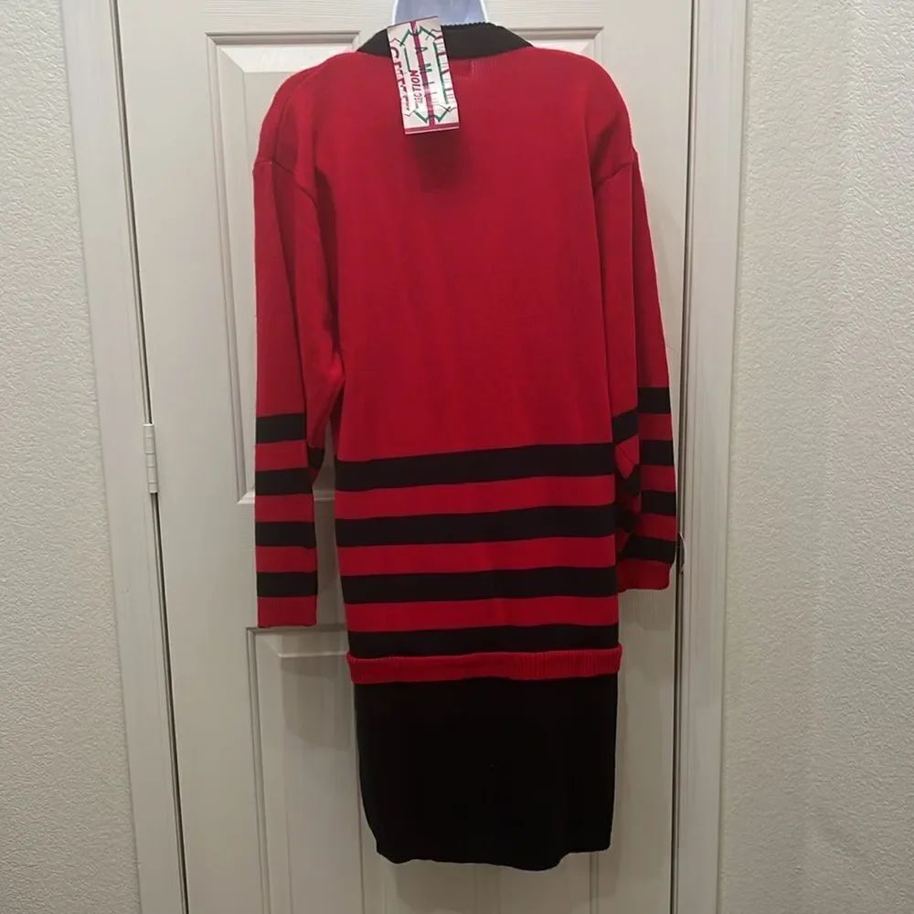 AMilano Collection Red Black Cardigan Sweater Dress Sz Large Long Sleeve Stripes - Picture 6 of 10